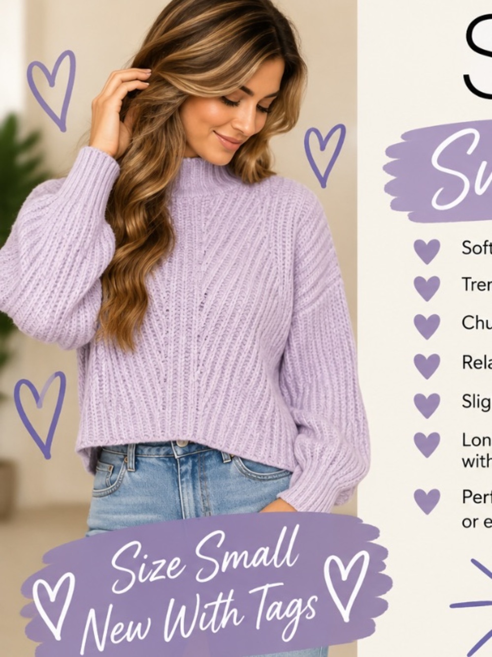 SO Lavender Purple Mock Neck Chunky Knit Cropped Sweater Women’s Small NWT